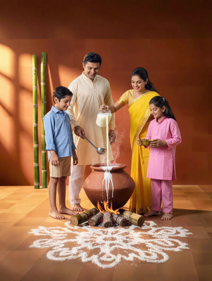 Generated cover illustrating pongal harvest morning.