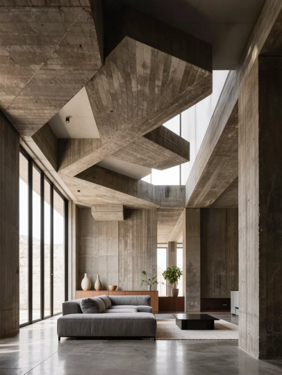 Generated cover illustrating brutalist interior.