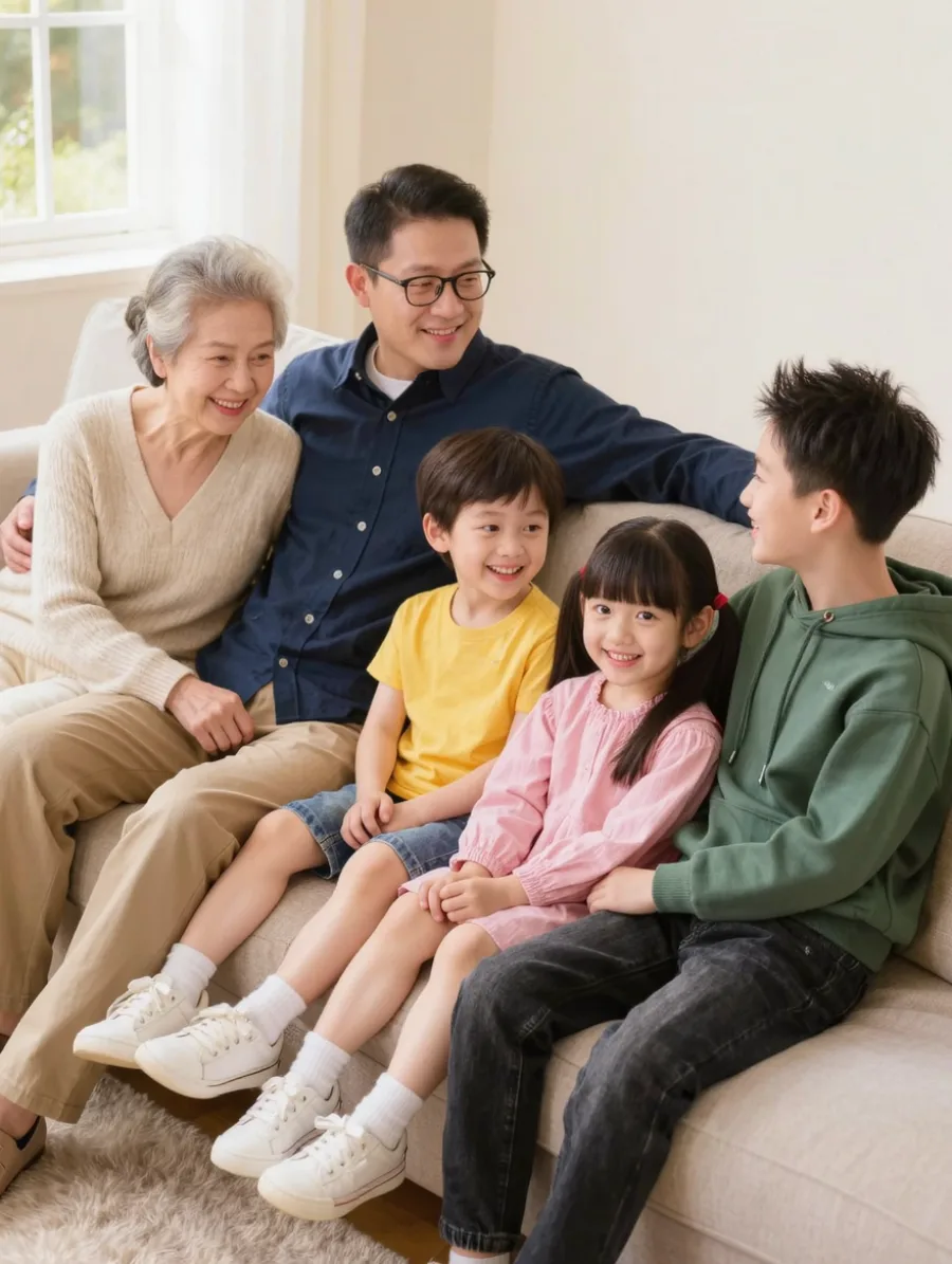 Generated cover illustrating family on a sofa.